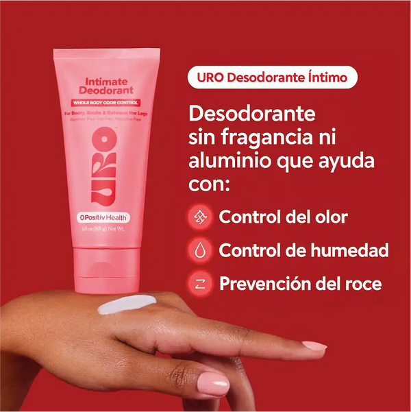 Desodorante íntimo hipoalergénico URO, crema sin fragancia ni aluminio que controla olor, humedad y rozaduras.