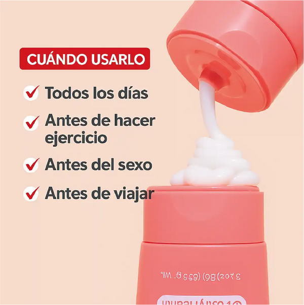 Desodorante íntimo hipoalergénico en envase con recomendaciones de uso: todos los días, antes de hacer ejercicio, antes del sexo, antes de viajar.