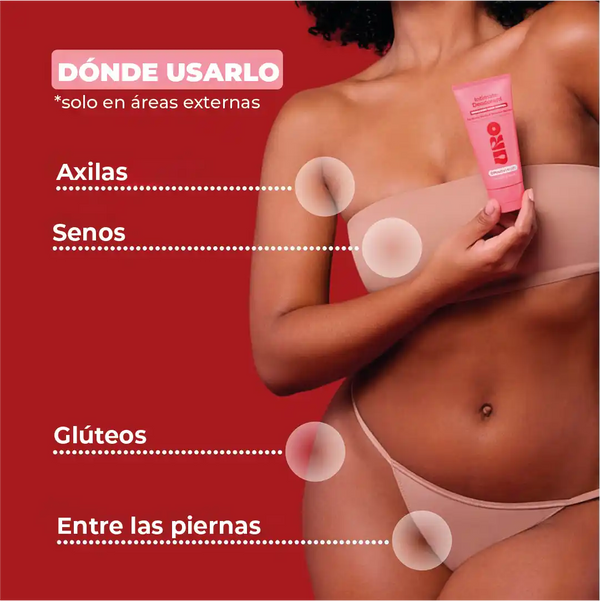 Mujer sosteniendo crema desodorante íntimo hipoalergénico, indica áreas de uso como axilas, senos y glúteos.