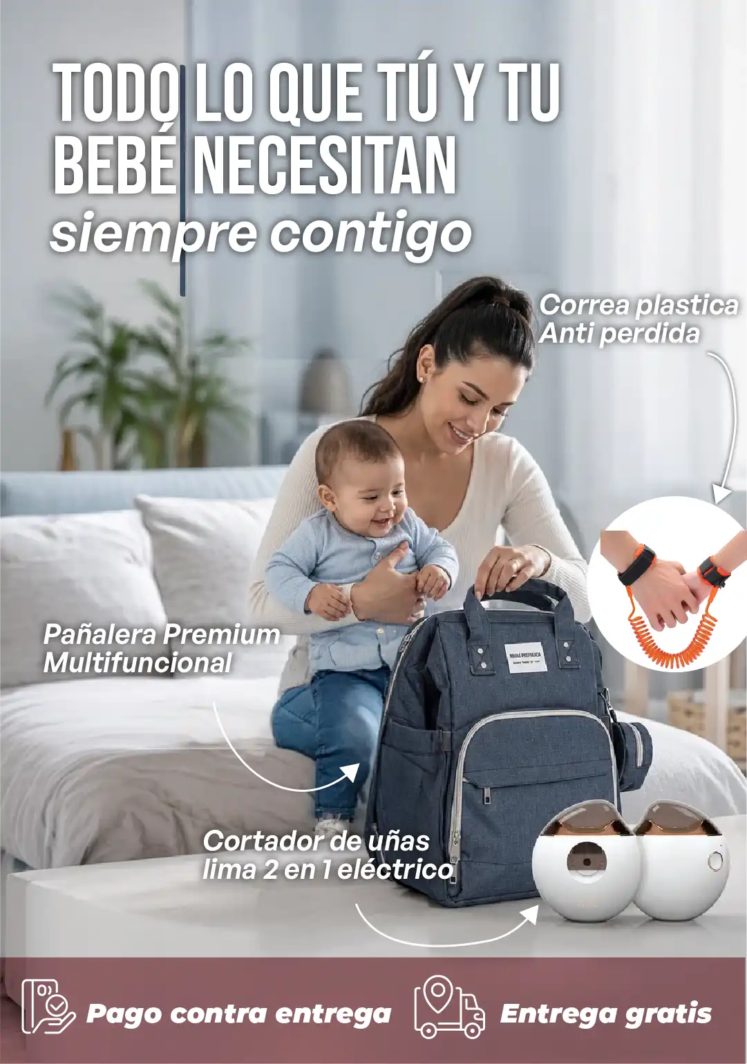 Combo Pañalera + Cortauña eléctrico + Correa anti perdida